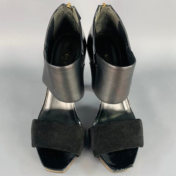 GUCCI Size 8.5 Black Gold Suede Patent Leather Ankle Sandals - Picture 4 of 11